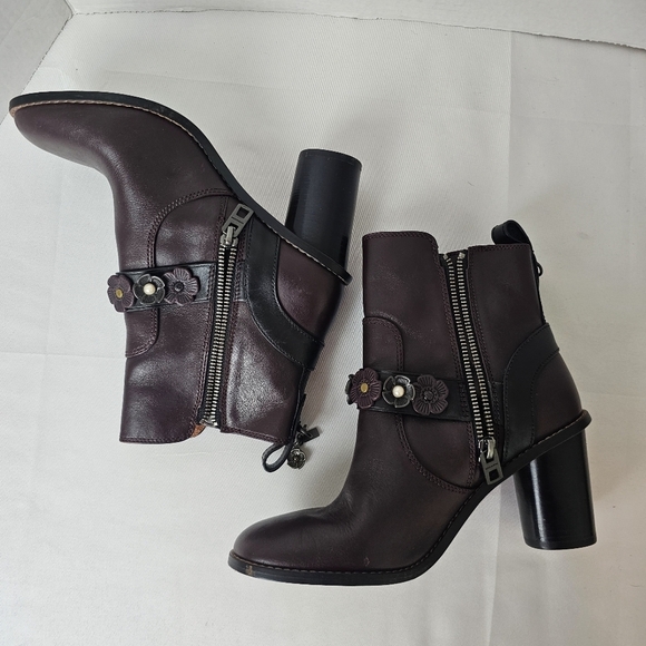 Coach Moto Tea Rose Leather Booties Oxblood Block Heel Ankle Boots Size 6.5 - Picture 5 of 16
